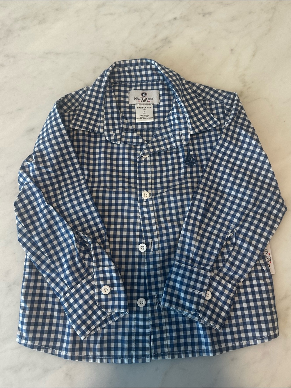 Nantucket Kids blue and white Gingham Toddler Button-Up Shirt, 3T.